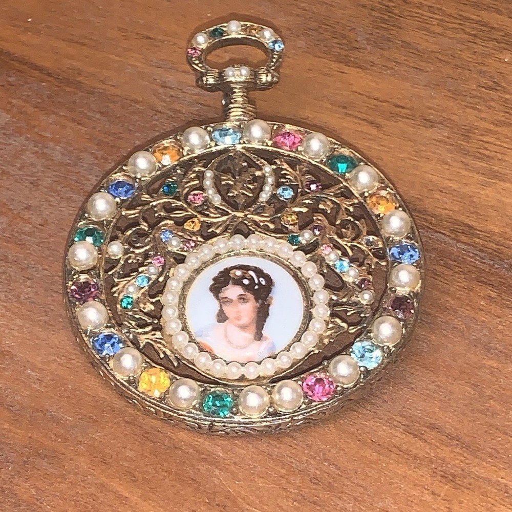 VTG Limoges Brooch Pin Pocket Watch Design Hand Painted Porcelain Lady Portrait